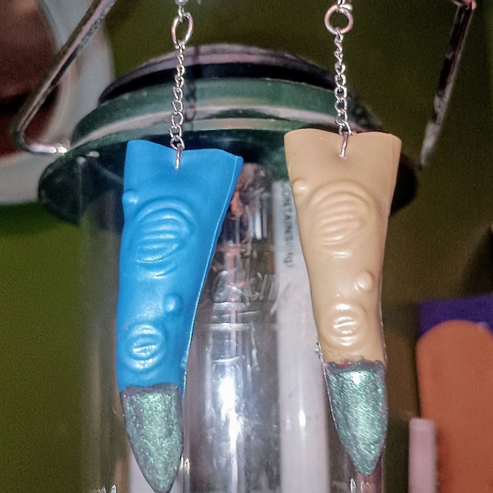 Blue and Tan Horn Earrings with Silver Accents